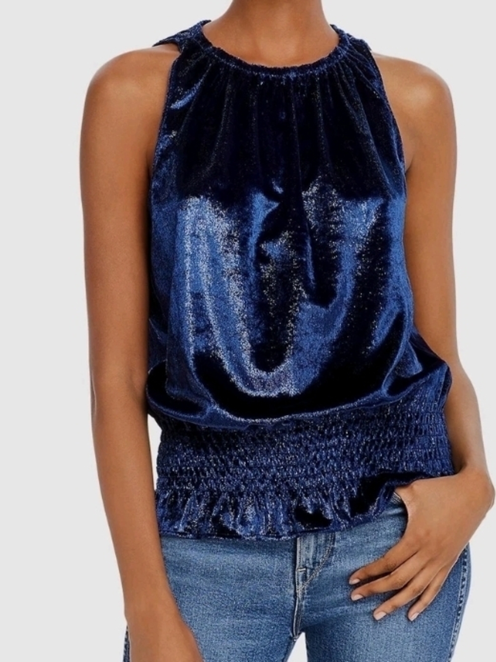 Ramy Brook Navy Shimmer Smocked Hem Sleeveless Top - Size Medium